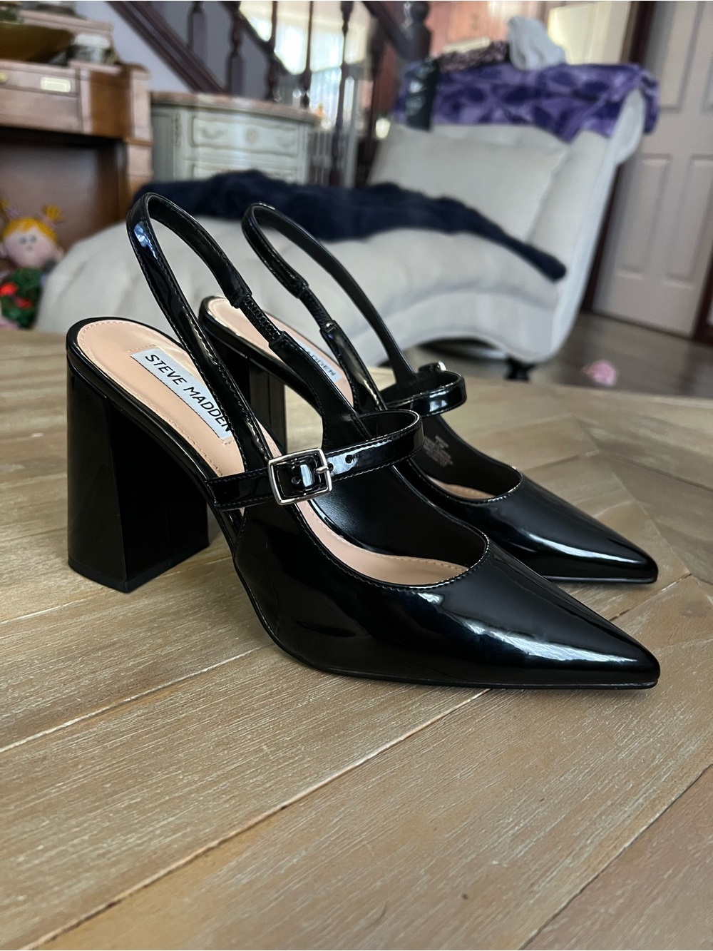 Brand New Steve Madden Glossy Black Slingback Block Heels